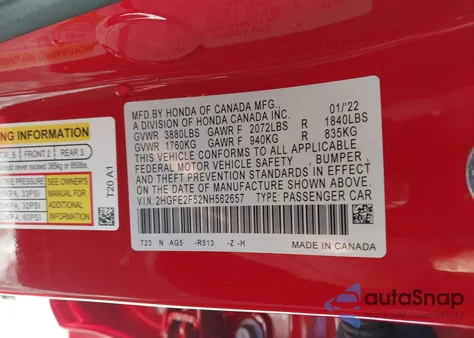 2022 Honda Civic Sport from USA, damaged, VIN 2HGFE2F52NH562657